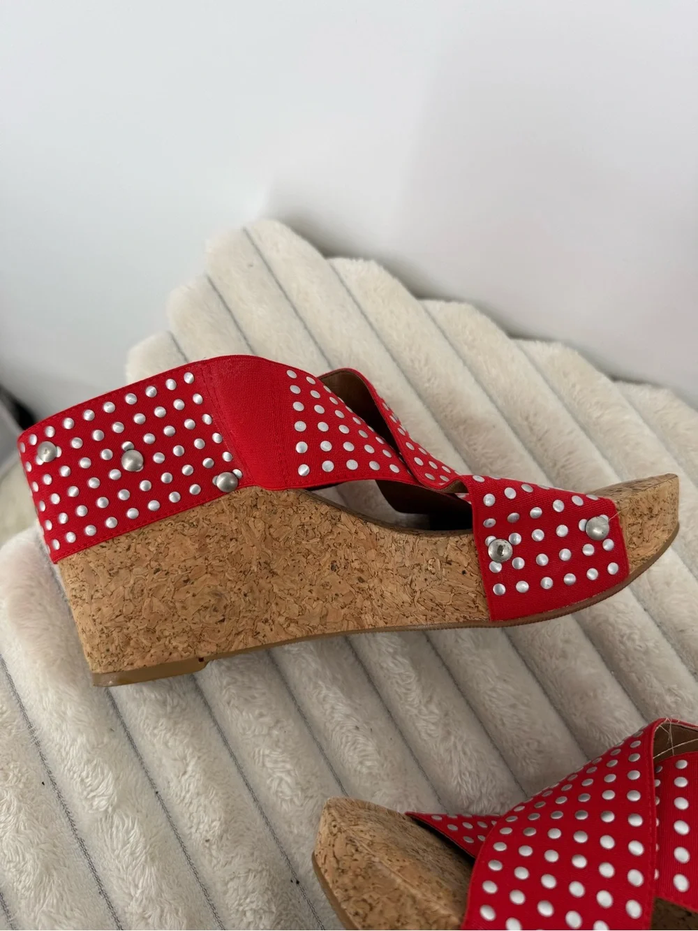 Lucky Brand Red Studded Cork Wedge Sandals for Women size 9